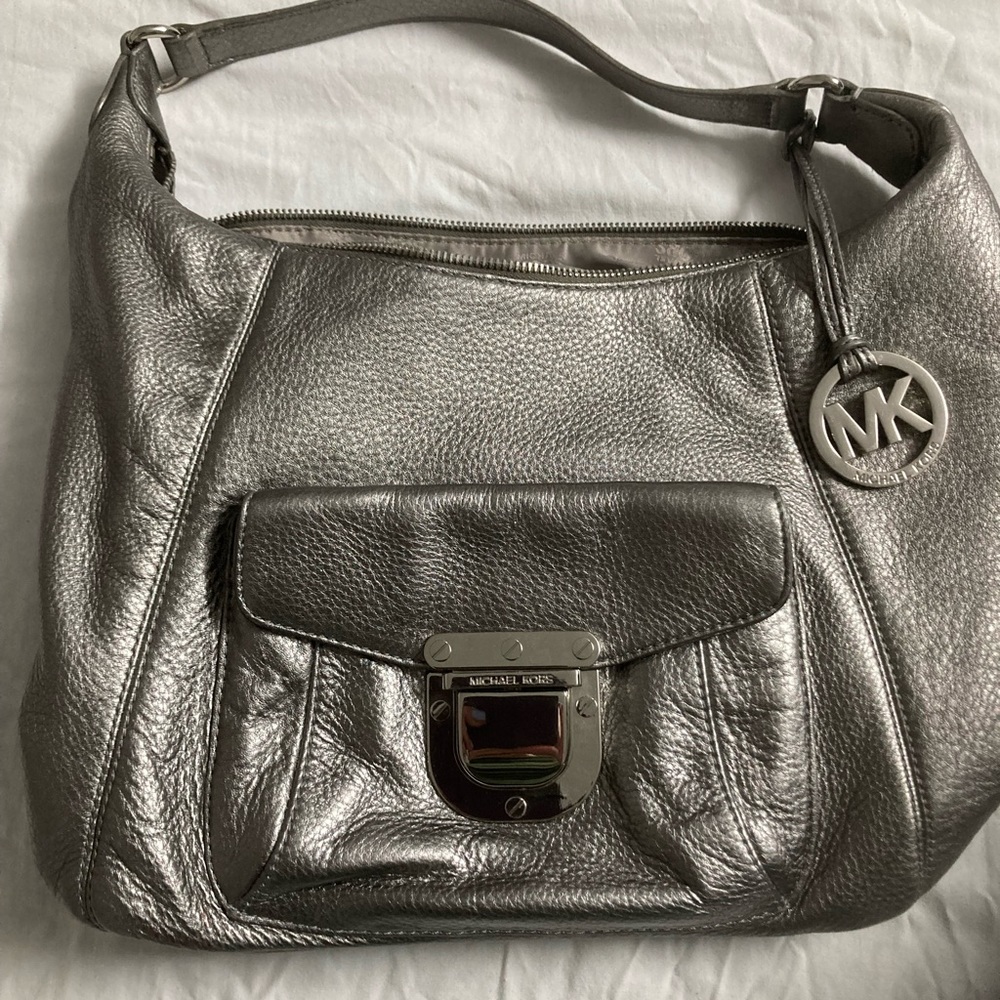 Authentic Michael Kors metallic silver leather bag